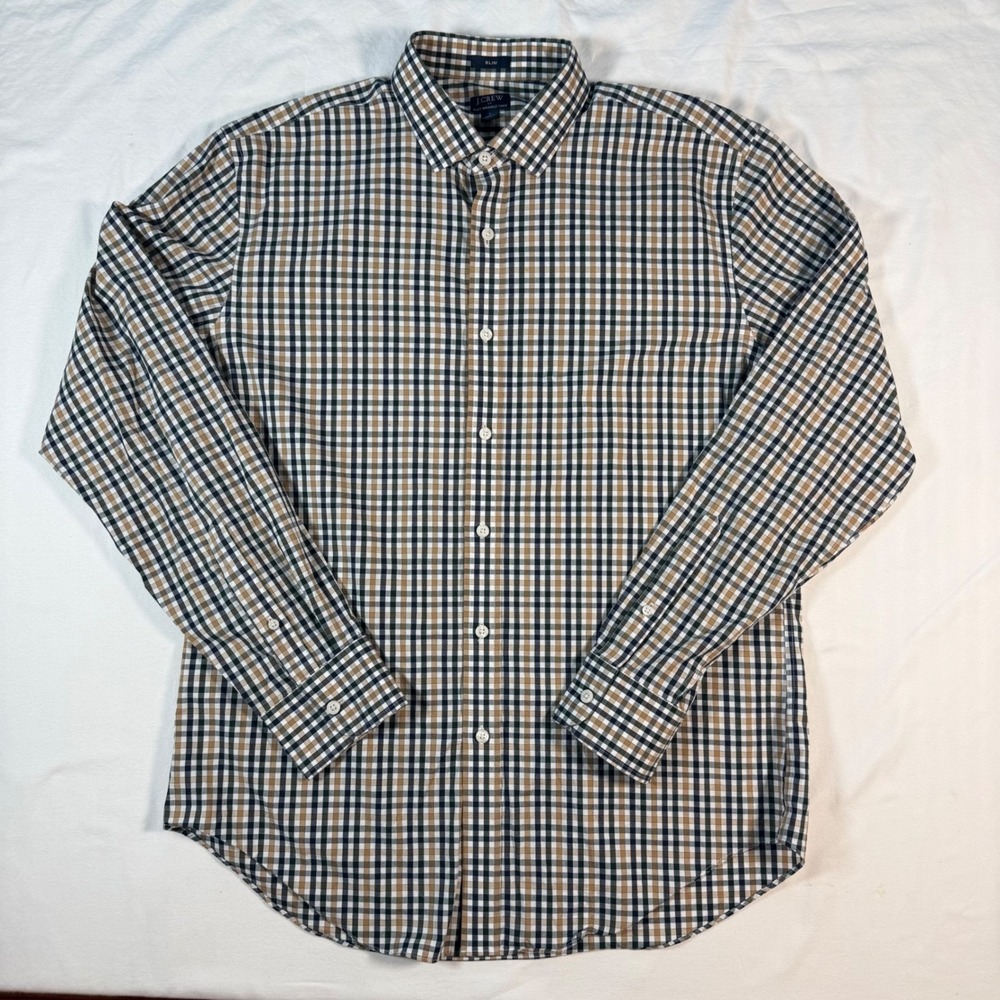 J.Crew Flex Wrinkle Free Slim Fit Gingham Check Button Down Shirt Mens Large L